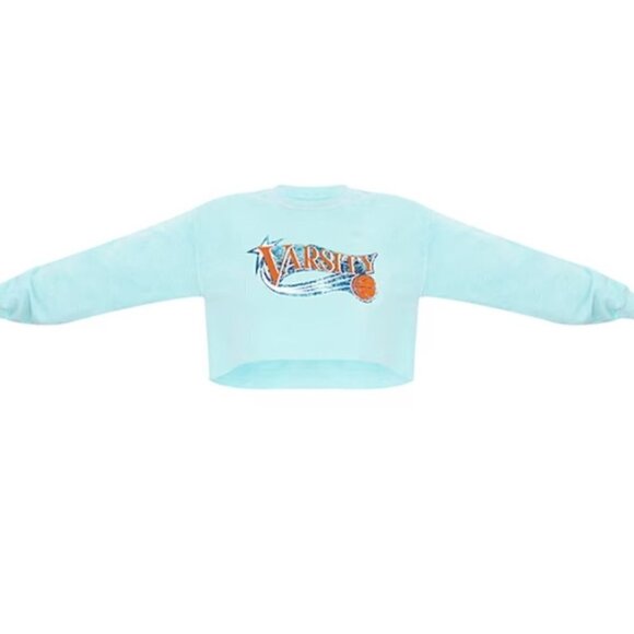 PLT Aqua Varsity Print Crop Washed Sweatshirt sz L NEW - Picture 1 of 8